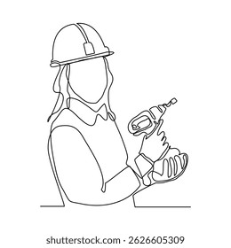 Continuous line drawing of young woman engineer wearing uniform while holding drill machine. Single line art of repair woman construction maintenance service. Vector illustration editable stroke