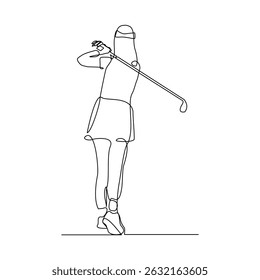 Desenho de linha contínua de uma jovem jogando golfe. Conceito de arte de uma linha única de atleta de golfista profissional segurando o pau para bater bola. Esboço de traçado editável para ilustração vetorial