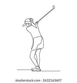 Desenho de linha contínua de uma jovem jogando golfe. Conceito de arte de uma linha única de atleta de golfista profissional segurando o pau para bater bola. Esboço de traçado editável para ilustração vetorial