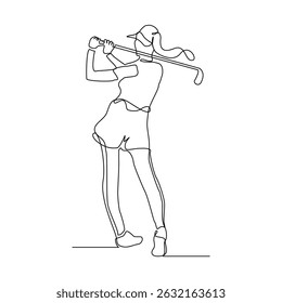 Desenho de linha contínua de uma jovem jogando golfe. Conceito de arte de uma linha única de atleta de golfista profissional segurando o pau para bater bola. Esboço de traçado editável para ilustração vetorial