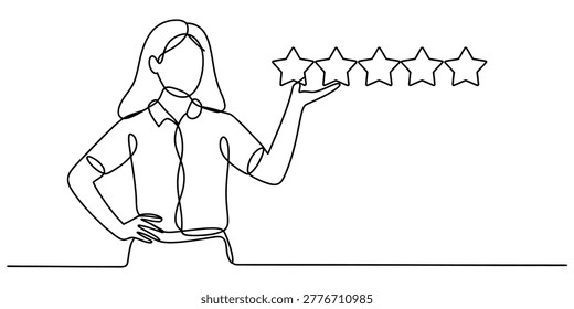 Continuous line drawing of a young woman showing five stars review for quality feedback and customer service experience concept Vector, illustration