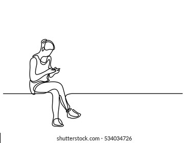 Continuous Line Drawing Of Young Woman Sitting-and Reading Her Cell Phone