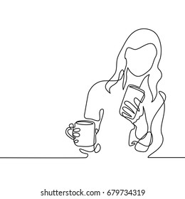 Continuous line drawing. Young woman looking smart phone and drinking coffee or tea. Vector illustration