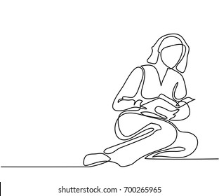 Continuous line drawing. Young woman sitting and reading book. Vector illustration