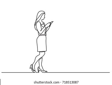 Continuous Line Drawing Of Young Woman Browsing Her Cell Phone