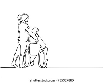 Continuous line drawing  Young woman push the old man wheelchair  Vector illustration total editable  choose thickness   place line