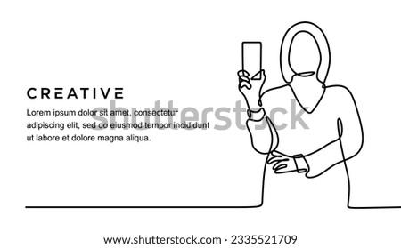 continuous line drawing of young woman showing phone looking cheerful