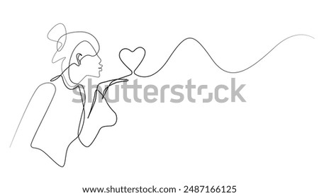 continuous line drawing of young woman blowing love with hand.single line drawing of love sign.gesture of giving love sign.one line vector illustration.isolated white background