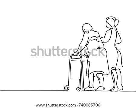 Continuous line drawing. Young woman help old woman using a walking frame. Vector illustration