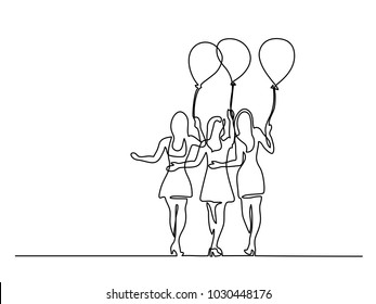 Continuous line drawing. Young women with air balloons. Vector illustration