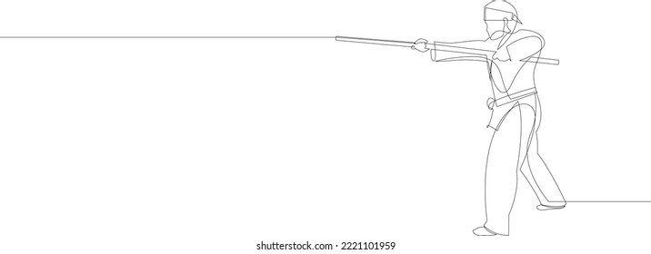Continuous line drawing of young wushu master man, kung fu warrior in kimono with long staff on training. Martial art sport contest concept. Dynamic one line style vector illustration.