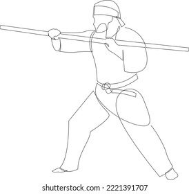 Continuous line drawing of young wushu master man, kung fu warrior in kimono with long staff on training. Martial art sport contest concept. Dynamic one line style vector illustration.