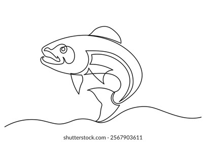 Continuous line drawing of a zander fish leaping out of water.illustration of saltwater fish line art vector illustration, One line drawing of a zander fish.zander fish isolated on a white background.