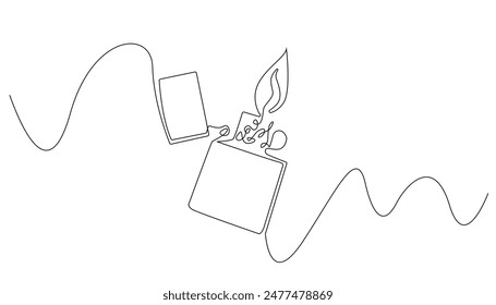 continuous line drawing of a zippo lighter.one line drawing of a zippo lighter lighting a fire.isolated white background