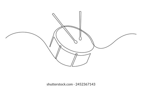 continuous line drawing.drum and sticks.minimalist line music concept.drum musical instrument tool.hand drawn vector illustration