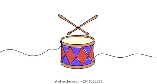 continuous line drawing.drum and sticks.minimalist line music concept.drum musical instrument tool.hand drawn vector illustration