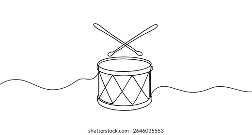linha contínua desenho.tambor e sticks.minimalist linha música conceito.tambor instrumento musical ferramenta.mão desenhado vetor ilustração