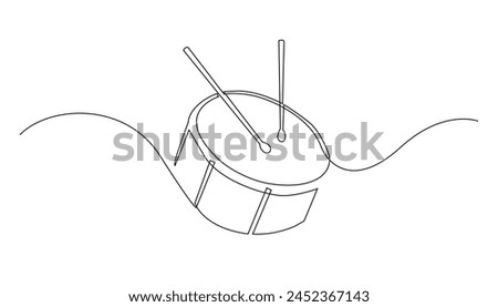 continuous line drawing.drum and sticks.minimalist line music concept.drum musical instrument tool.hand drawn vector illustration