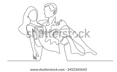 continuous line drawing.happy young couple outdoors.man holding woman.romantic couple.isolated white background.hand drawn vector illustration