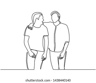 Continuous line drawings of cheerful friends embracing each other. Two young guys hugging each other. Feel happy friends meet with hugs isolated on white background. hugging. embracing. Vector