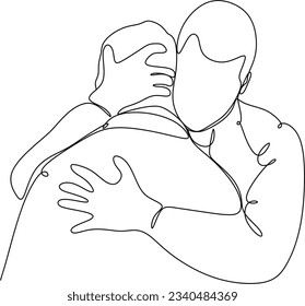 Continuous line drawings of cheerful friends hugging each other. Two young guys are hugging each other. Feel happy, friends meet with hugs, continuous line drawing of a couple in love