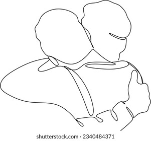 Continuous line drawings of cheerful friends hugging each other. Two young guys are hugging each other. Feel happy, friends meet with hugs, continuous line drawing of a couple in love