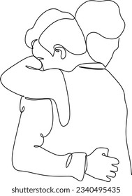 Continuous line drawings of cheerful friends hugging each other. Two young guys are hugging each other. Feel happy, friends meet with hugs, continuous line drawing of a couple in love