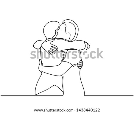 Continuous line drawings of cheerful friends embracing each other. Two young guys hugging each other. Feel happy friends meet with hugs isolated on white background. hugging. embracing. Vector