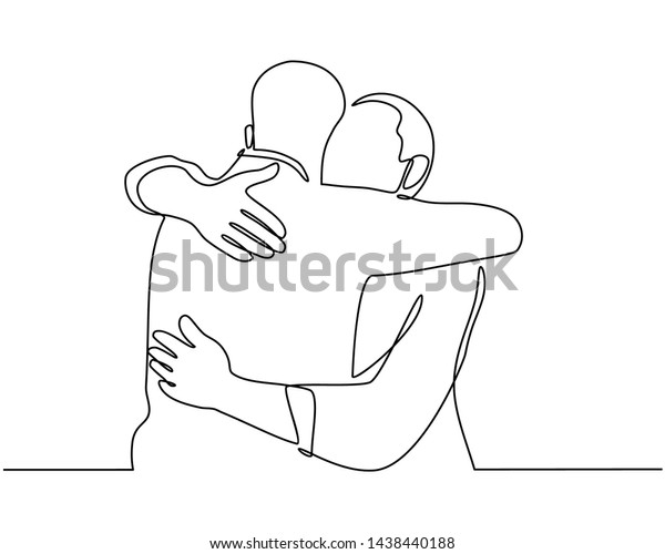 Continuous line drawings of cheerful friends\
embracing each other. Two young guys hugging each other. Feel happy\
friends meet with hugs isolated on white background. hugging.\
embracing. Vector