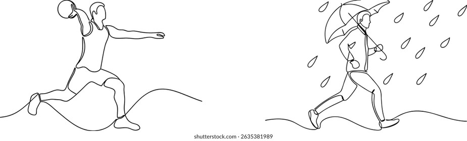 Continuous line drawings depicting sports action basketball and rainy weather running