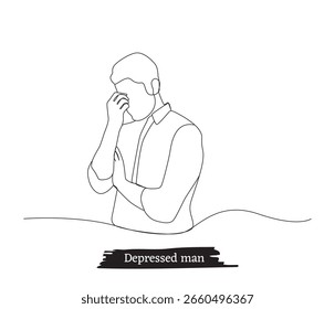 Continuous line drawings of depressed sad man