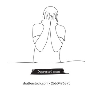 Continuous line drawings of depressed sad man