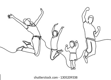 continuous line drawings of happy young families jumping for fun