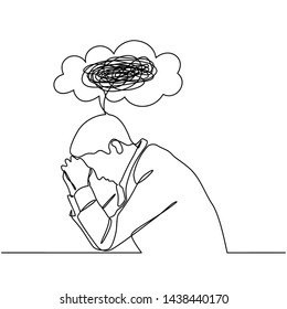 Continuous line drawings of man feeling sad, tired and worried about suffering from depression in mental health. problems, failures and concepts of heartbreak isolated on white background. Vector