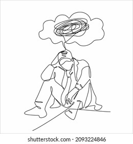 Continuous line drawings of man feeling sad, tired and worried about suffering from depression in mental health. problems, failures and concepts of heartbreak isolated on white background. Vector