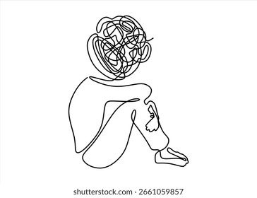 Desenhos de linha contínua do homem sentindo triste, cansado e preocupado com o sofrimento de depressão na saúde mental. problemas, falhas e conceitos de desgosto isolado no fundo branco