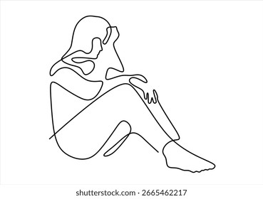 Desenhos de linha contínua do homem sentindo triste, cansado e preocupado com o sofrimento de depressão na saúde mental. problemas, falhas e conceitos de desgosto isolado no fundo branco