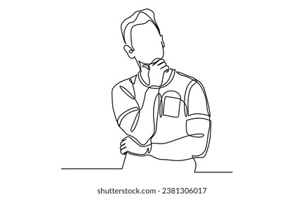 Continuous line drawings of a young man thinking.worried man thinking problem about businessman
confused vector illustration. one line drawing of a thinking man. 