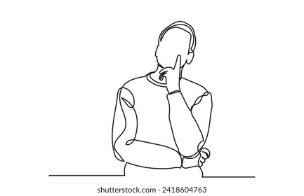 Continuous line drawings of a young man thinking.worried man thinking problem about businessman confused vector illustration. one line drawing of a thinking man.