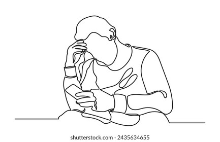 Dibujos de líneas continuas de un joven que utiliza un teléfono inteligente depresión triste shock emocional, problemas de vida, confusión sentimientos desordenados y preocupación por la mala salud mental.