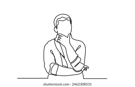 Continuous line drawings of a young man thinking.worried man thinking problem about businessman confused vector illustration. one line drawing of a thinking man.