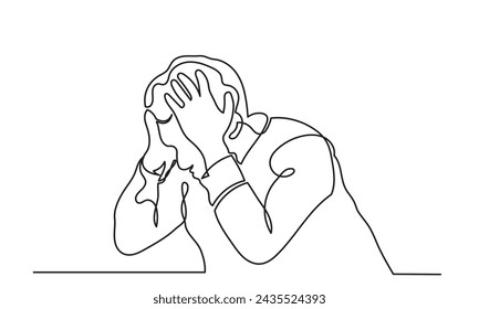 Continuous line drawings of a young man's depression sad emotional shock, loss, grief, life problems, confusion messy feelings and worry about bad mental health. The concept of failure and heartbreak 