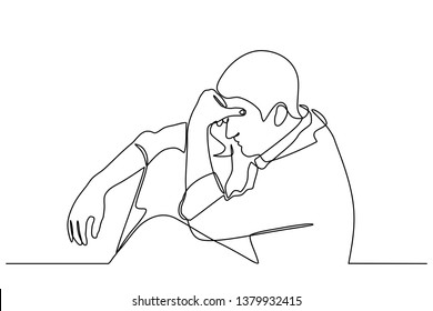 Continuous line drawings of young men feeling sad, tired and worried about suffering from depression in mental health. problems, failures and concepts of heartbreak