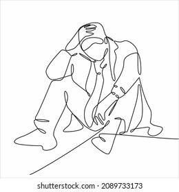 Continuous line drawings of young men feeling sad, tired and worried about suffering from depression in mental health. problems, failures and concepts of heartbreak