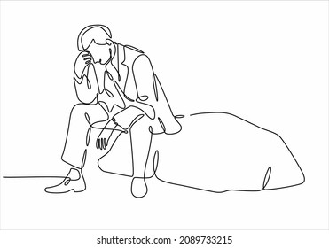 Continuous line drawings of young men feeling sad, tired and worried about suffering from depression in mental health. problems, failures and concepts of heartbreak
