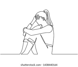 Continuous line drawings of young woman feeling sad, tired and worried about suffering from depression in mental health. problems, failures and concepts of heartbreak isolated on white background