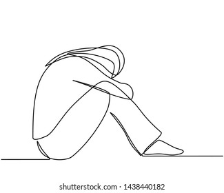 Continuous line drawings of young woman feeling sad, tired and worried about suffering from depression in mental health. problems, failures and concepts of heartbreak isolated on white background