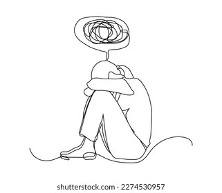 Continuous line drawings of young woman feeling sad, tired and worried about suffering from depression in mental health. problems, failures and concepts of heartbreak isolated on white background.