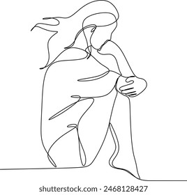Continuous line drawings of a young woman feeling sad, tired and worried about mental health depression. problems, failures and broken heart concepts isolated on white background. Without artificial i