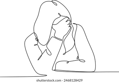 Continuous line drawings of a young woman feeling sad, tired and worried about mental health depression. problems, failures and broken heart concepts isolated on white background. Without artificial i